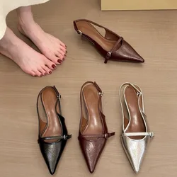 Black Bow Thin High Heel Women Sandals Elegant Back Empty Fashion Summer Single Shoes Solid Pointed Toe Mary Jane Sandales Femme