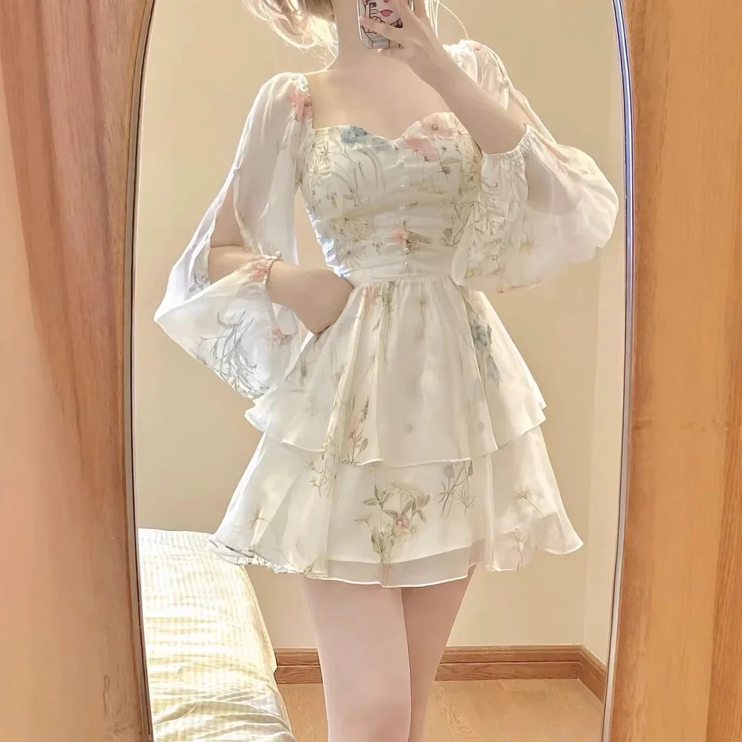 ウエストシェイプショートドレス レディース エレガントな雰囲気 フレンチスタイル 花柄シフォンサマードレス イレギュラーヘムライン フェアリースカート