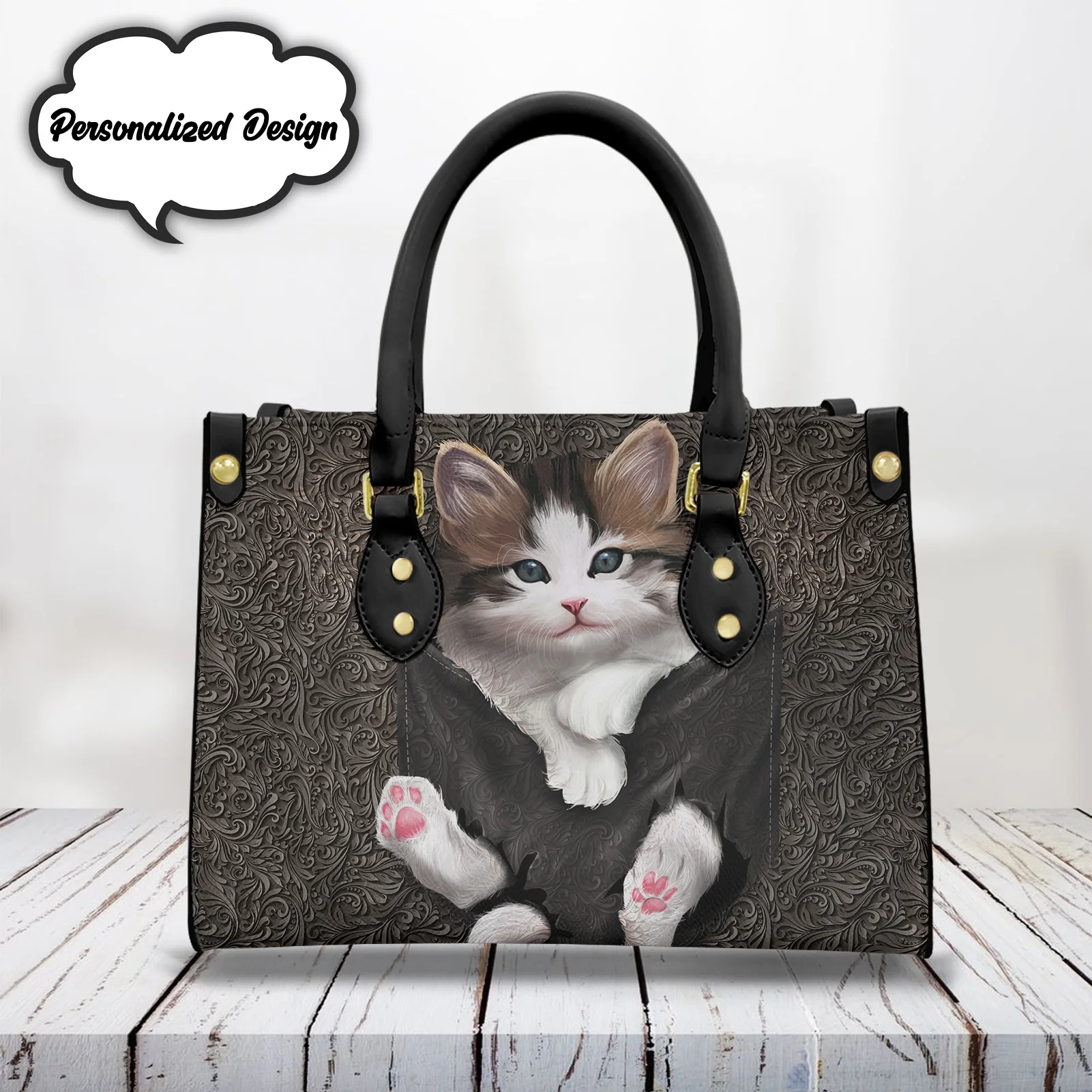 Cute Pocket Cat Pattern Handbag for Ladies Girls Premium Leather Outdoor Portable Commuting Tote Bags Double Shoulder Strap Bag