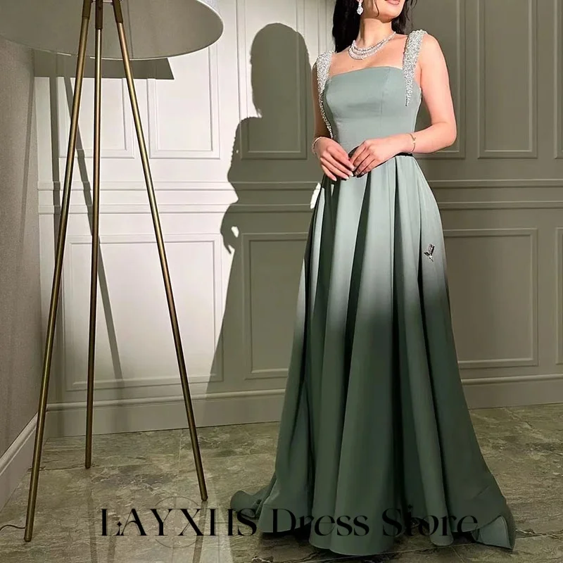 LAYXHS Simples Verde Vestidos de Noite Pescoço Quadrado Brilhante Frisado A Linha Plissado Formal Festa de Baile Vestidos Personalizados فساتmaveraات