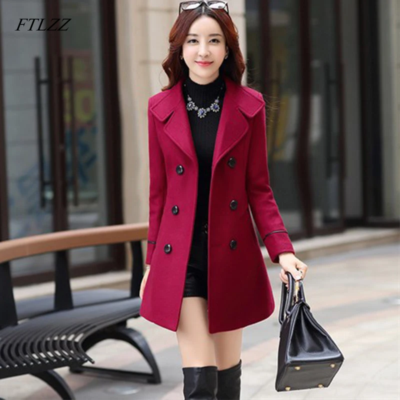 

FTLZZ Women Wool Blend Warm Long Coat Size Female Slim Fit Lapel Woolen Overcoat Autumn Winter Cashmere Outerwear