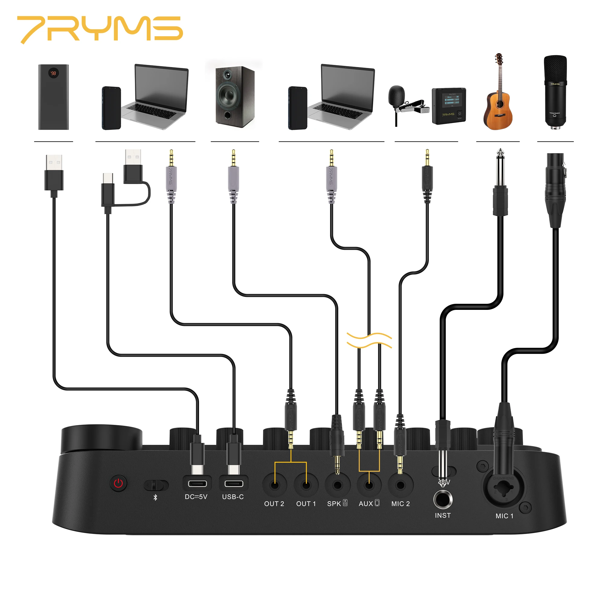 7Ryms 7Caster SE2 USB Audio Interface with XLR 3.5Mm 6.35Mm Instrument Inputs for Recording Singing Live Streaming and Karaoke