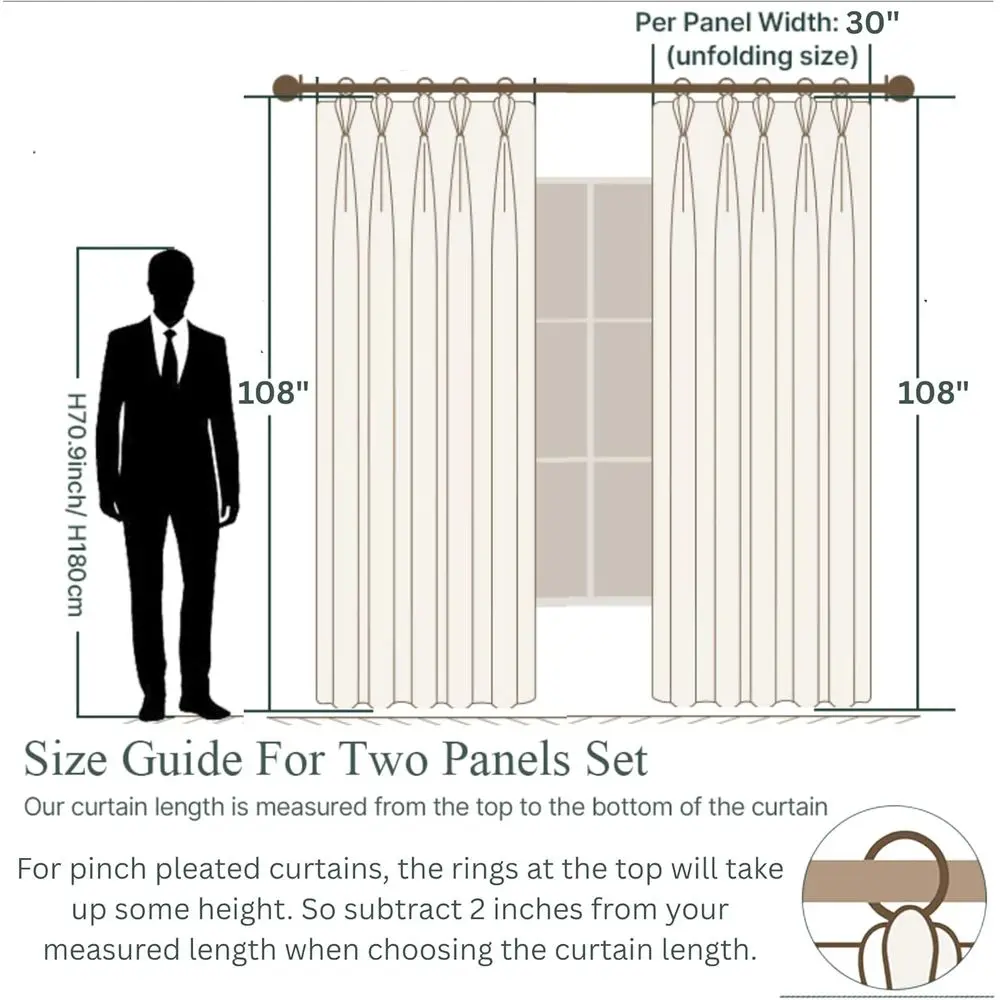 ستائر أنيقة بطيات من مزيج الكتان الزهري - تصفية خفيفة، لوحتين، أبيض عتيق، 30 × 108