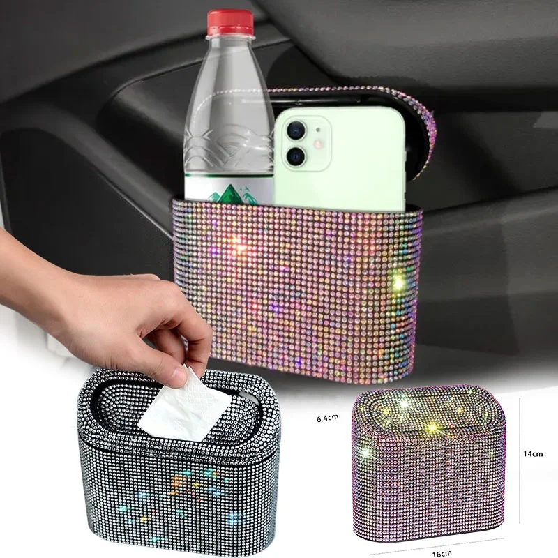 Diamond Car Trash Can Crystal Organizer Bin with Lid Leakproof Mini Vehicle Trash Bin Glitter Garbage Organizer Container