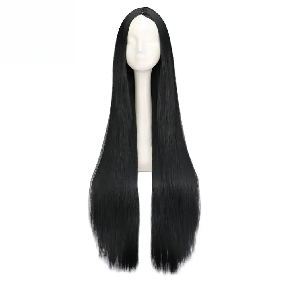 100CM 40 Inch Long Straight Black Synthetic Wig Heat Resistant Full Hair Wig For Women Halloween Carnival Cosplay Party Costume