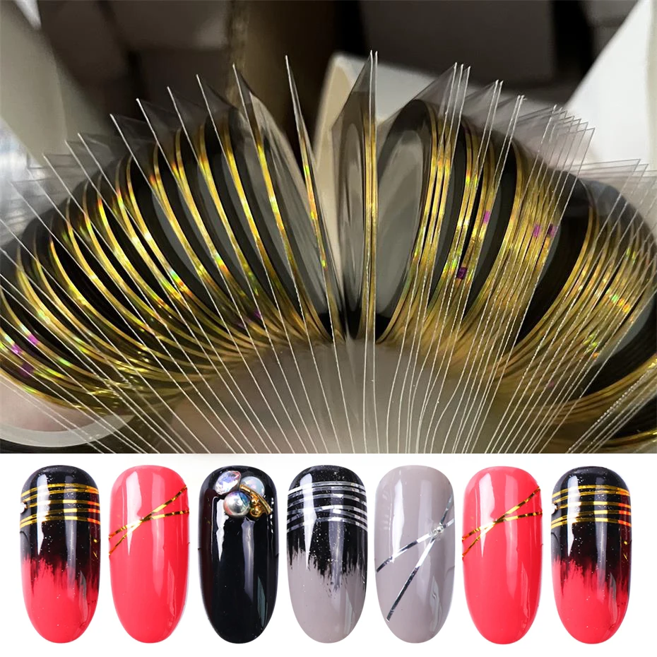 10pcs Nail Striping Tape Metallic Yarn Line Gold/Silver Striping Sticker Holographic 3D Strips Liner Tape Adhesive Manicure Foil