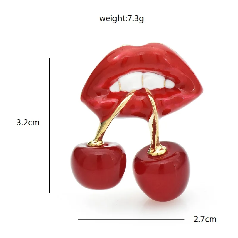 Wuli&baby Cherry Mouth Brooches For Women Enamel Eating Fruits Mouth Party Casual Brooch Pins Gifts