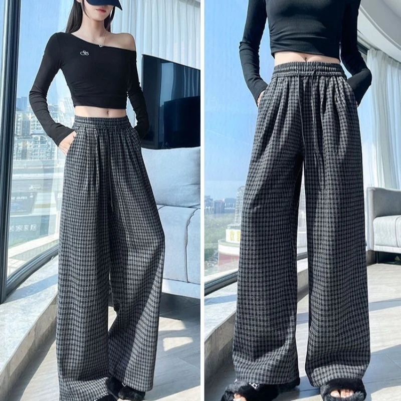 Retro Woolen Plaid Wide Leg Casual Pants Autumn Classic Thicker High Waist Straight Floor-Length Pants Baggy Streetwear Trousers