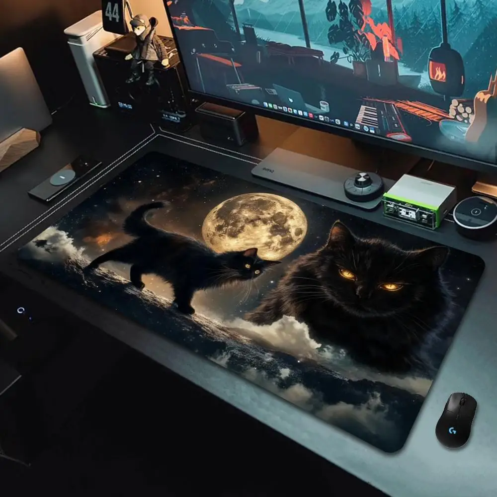 Kawaii Black Cat Mouse Pad, Extra Large Mouse Pad with Stitched Edges, XXL Keyboard Pad, Perfect for Office and PC Gaming