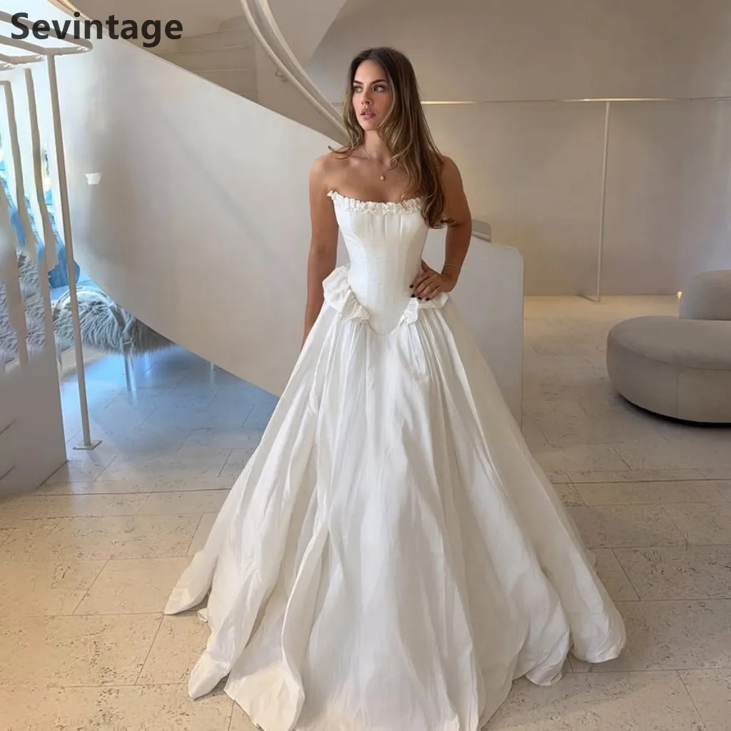 Sevintage 2027 Strapless Ruffled Neckline Wedding Dress Corset Bodice A Line Ball Gown Back Lace Up Bridal Gown Customized