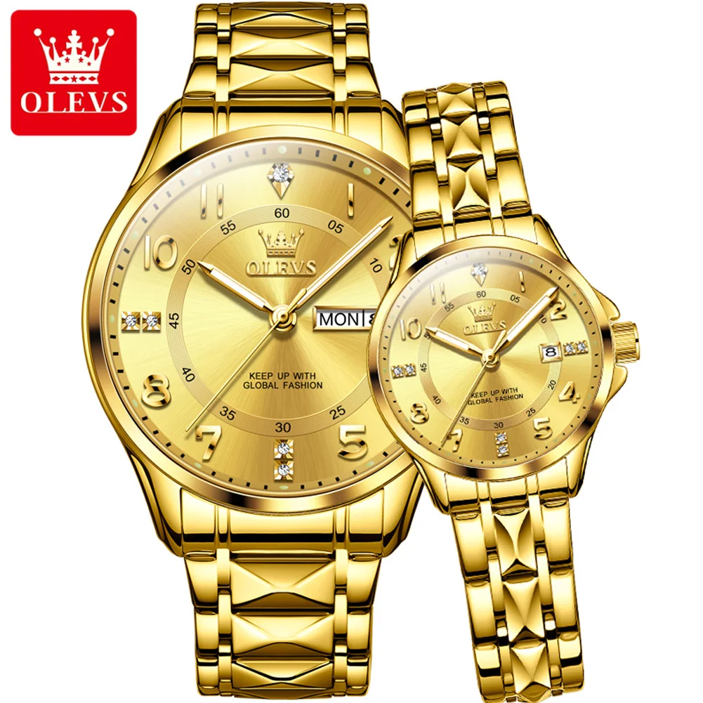 OLEVS-Montre de couple à quartz de luxe classique pour hommes et femmes, horloge à main en acier inoxydable étanche, montre à cadran numérique en diamant, nouveau, 2910