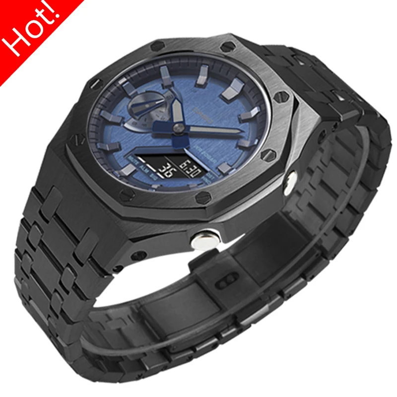Luxury Modification Kit for Casioak Watch GM-2100 2110 Metal Stainless Steel Case Bezel Watch Case for GM2100 GM2110 Watch Strap