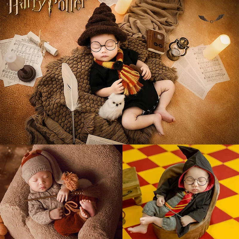 

Hot IP Character Wizard Costume Newborn Photography Outfit :Boy Girl Wizard Robe + Knitted Romper+ Glasses Baby Cosplay Clothing