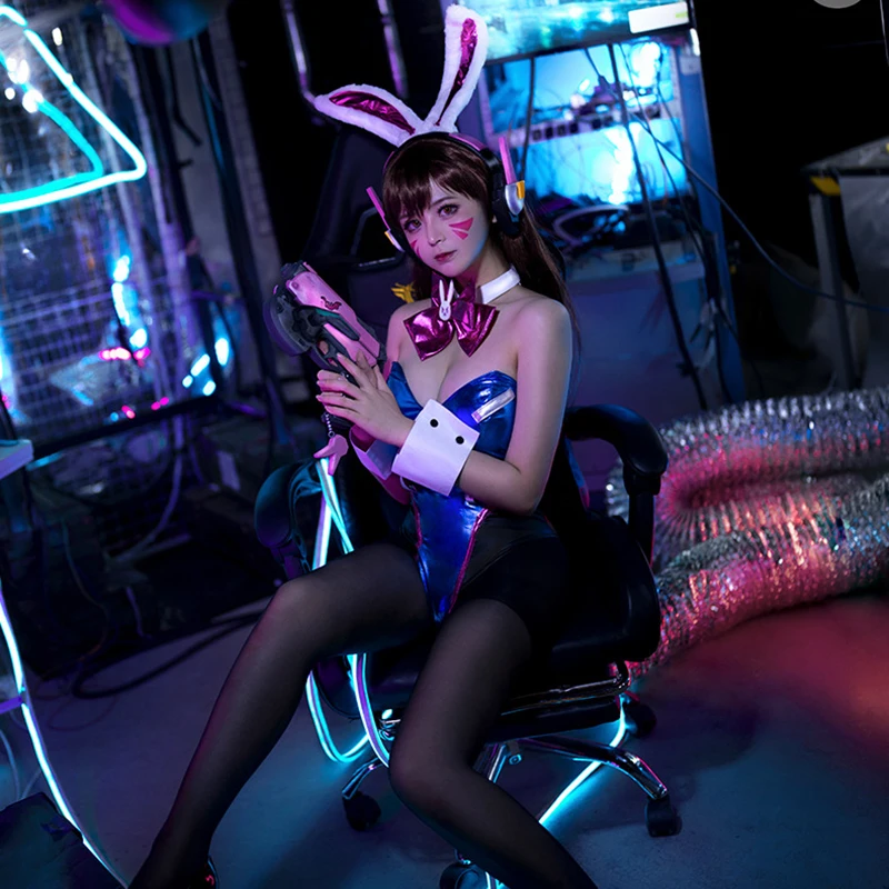 Spiel Dva Cosplay Kostüme Body Perücke Kopfhörer Gun Frau PU Leder Bunny Mädchen Overall Zentai Anzug Halloween Cosplay Requisiten