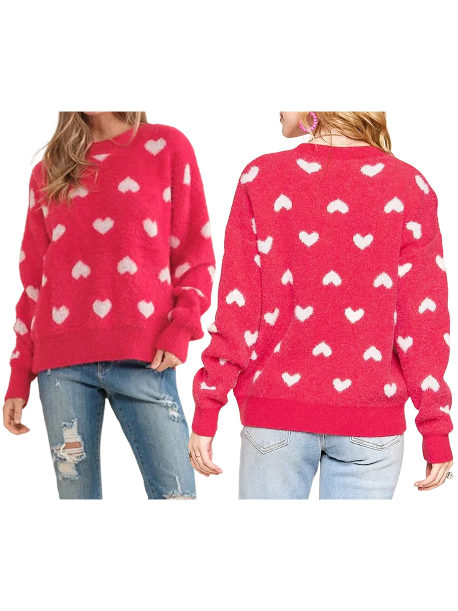 Valentine s Day Women s Red Heart Print Knit Sweater with Long Sleeves and Round Neckline Knitwear for a Cozy Look