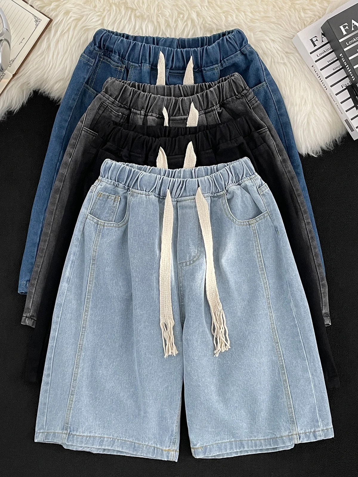 

Summer Thin Stretch Waist Jeans orts Men Straight Casual Trendy Sports Waed Versatile Vintage Five-Quarter Pants