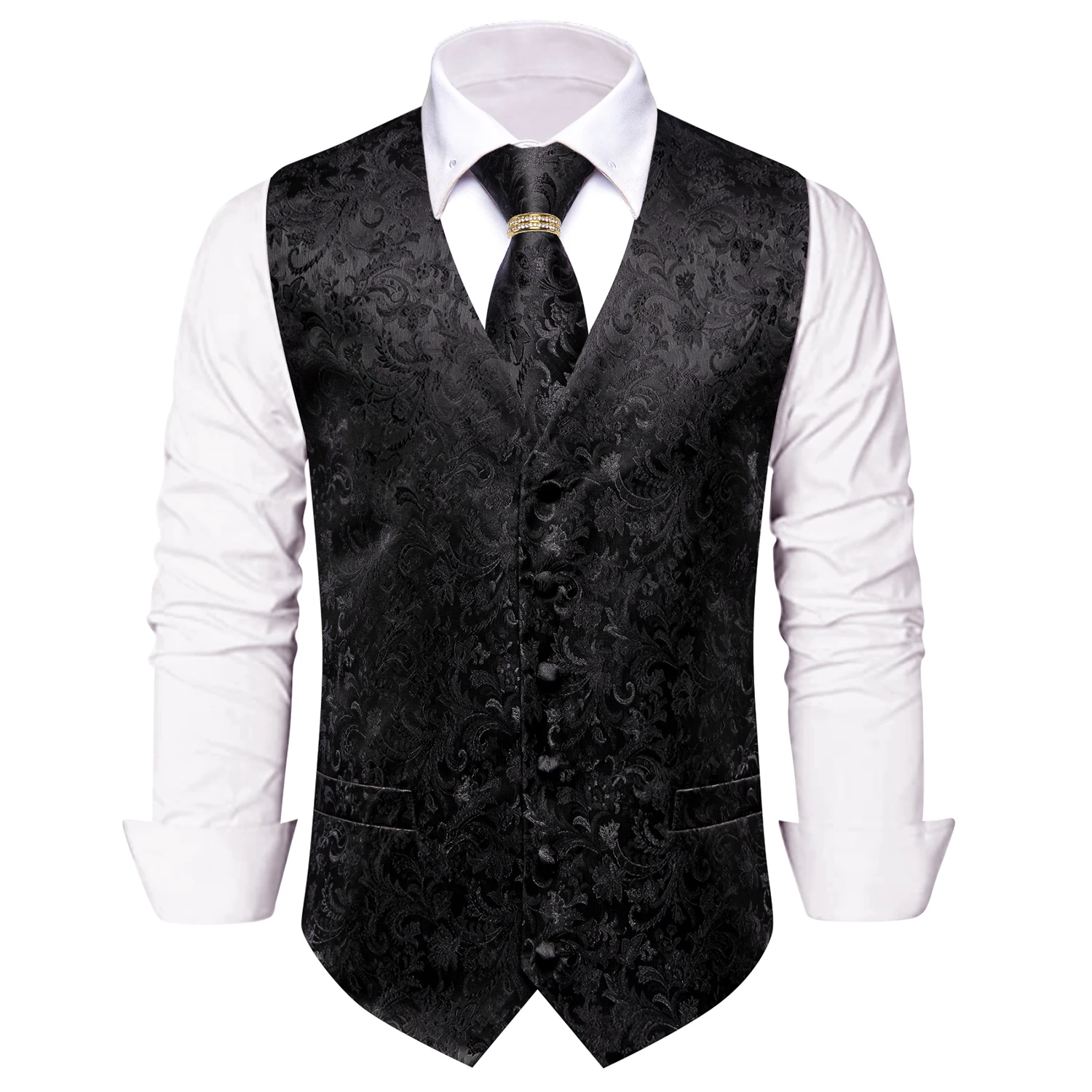 Matte Black Paisley Jacquard Vest 5Pcs Outfit Tie Square Cufflinks Shiny Gold Ring For Formal Business Conference