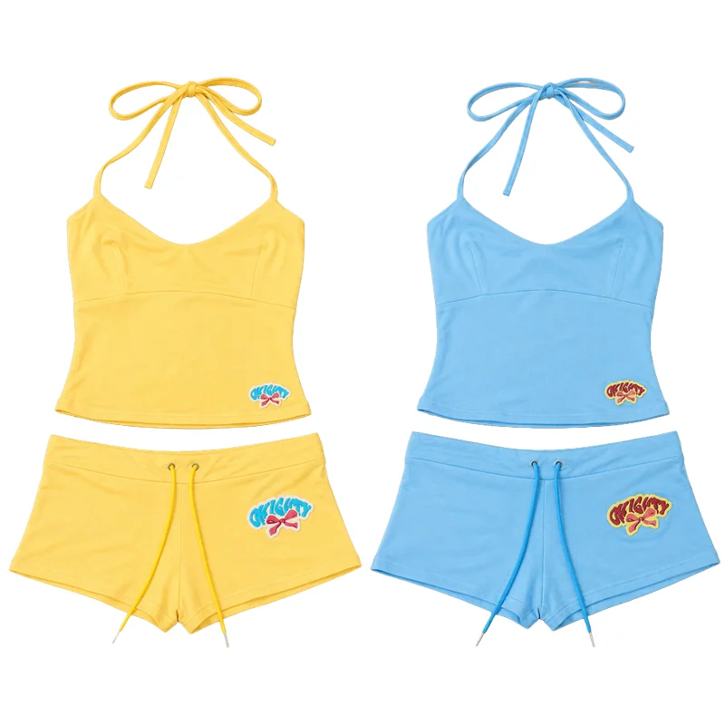 Women's Matching Sets Halter Crop Top Mini Shorts Low Rise Drawstring Waist Letter Graphic Y2K Summer Two Piece Set