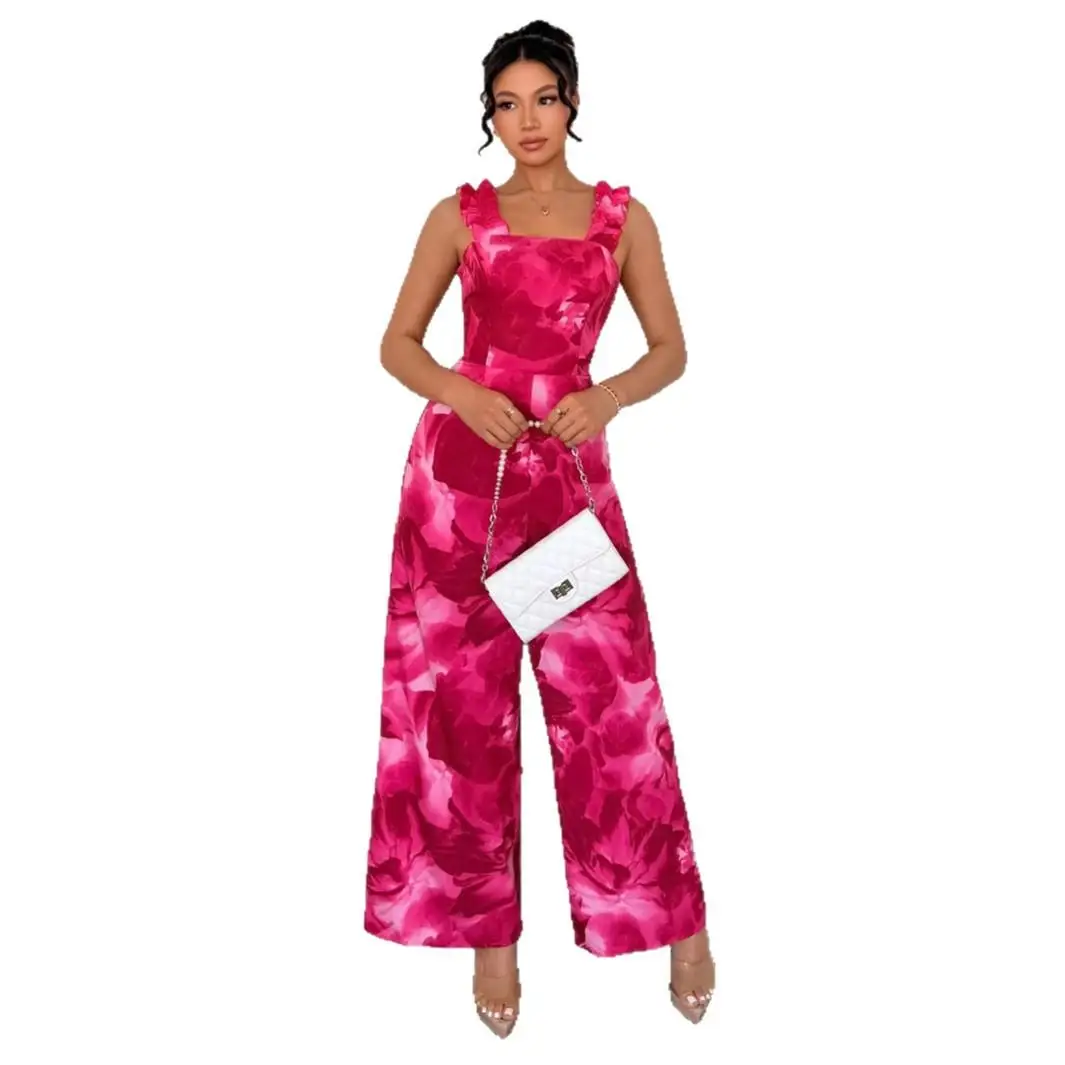 Neue hohe Taille rosa Blumendruck träger lose einteilige Rer Damen Cleanfit Sle Svel dünne Stoff Ciwalk