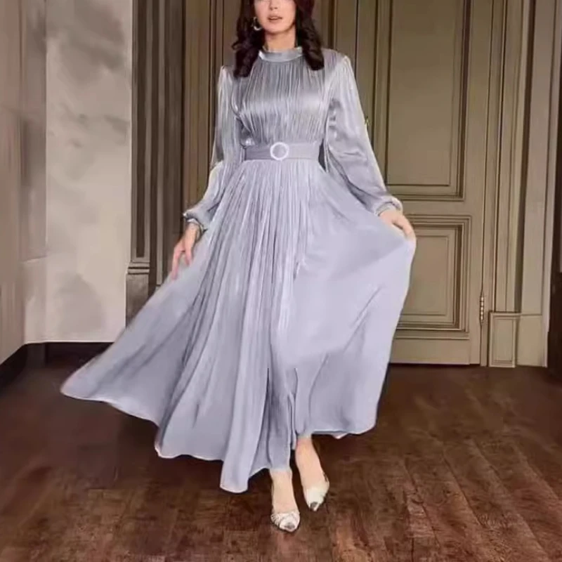 

Temperament High Waist Long Sleeve Slim Belt Party Dresses Fashion Solid Waist Long Skirt New Vintage Elegant Graduation Dress
