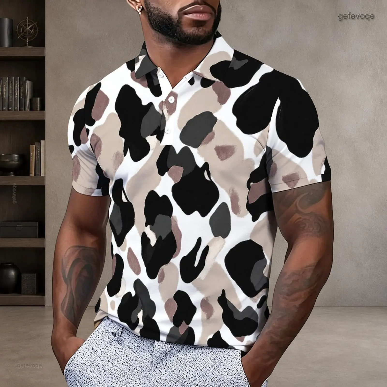 Printed Polo Shirt for Men Short Sleeve Collared Neck Button Placket