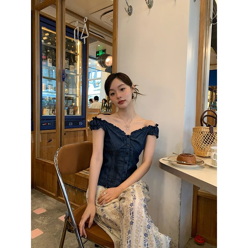 

Summer Chic Shirt French Fungus Edge V-Neck Slim Top Femininity Fashion Comfortable Elegance High Quality Individuality