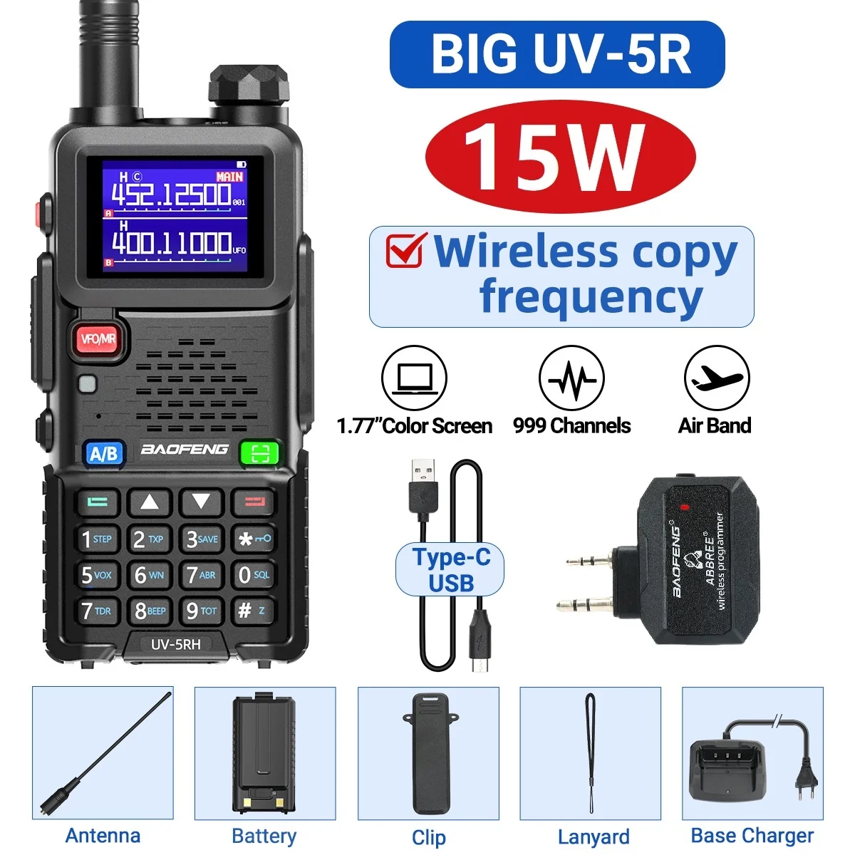 Baofeng UV-5RH Air Band Walkie Talkie Draadloze kopieerfrequentie Type-C NOAA Lange afstand 999CH Verbeterde UV-5R 5RM Ham Two Way Radio