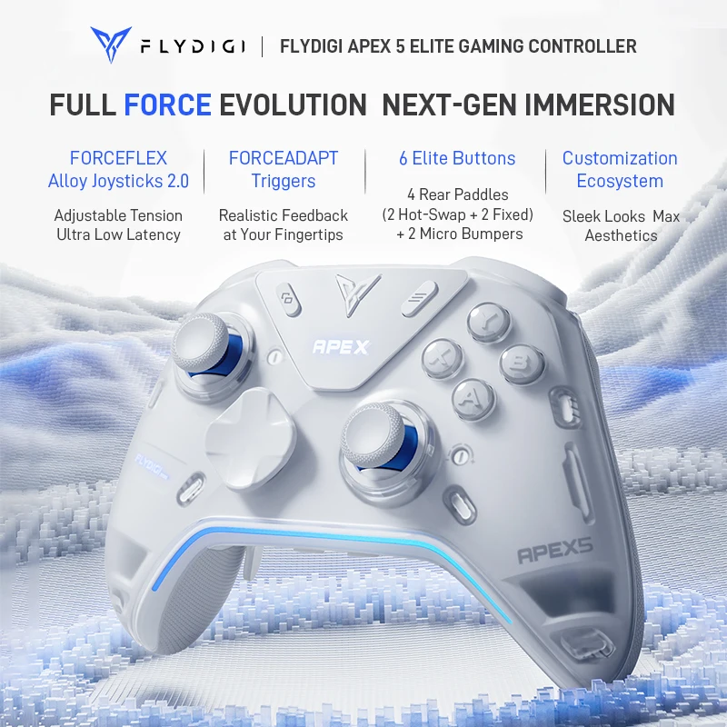 Контроллер Flydigi APEX 5 2025 года, регулируемый по siłę джойстик Hall из сплава 2.0, триггеры Forceadapt, поддержка ПК/переключателя/Andriod/iOS MFI