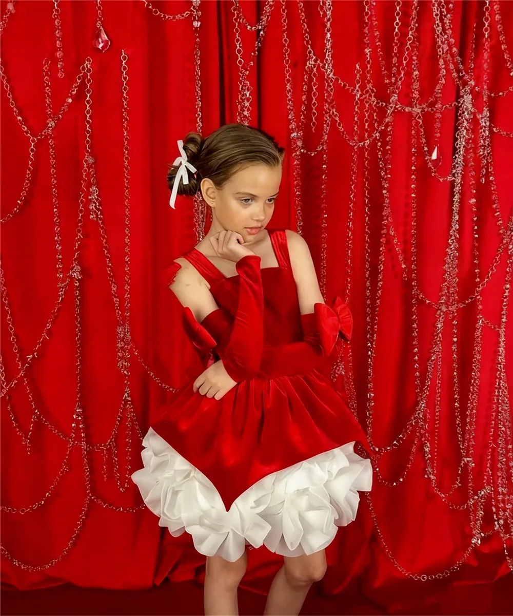 

Customized Cute Flower Girl Wedding Dress Velvet with Bow Kids Communion Christmas Festival Prom Gown Girls Birthday Party Dress