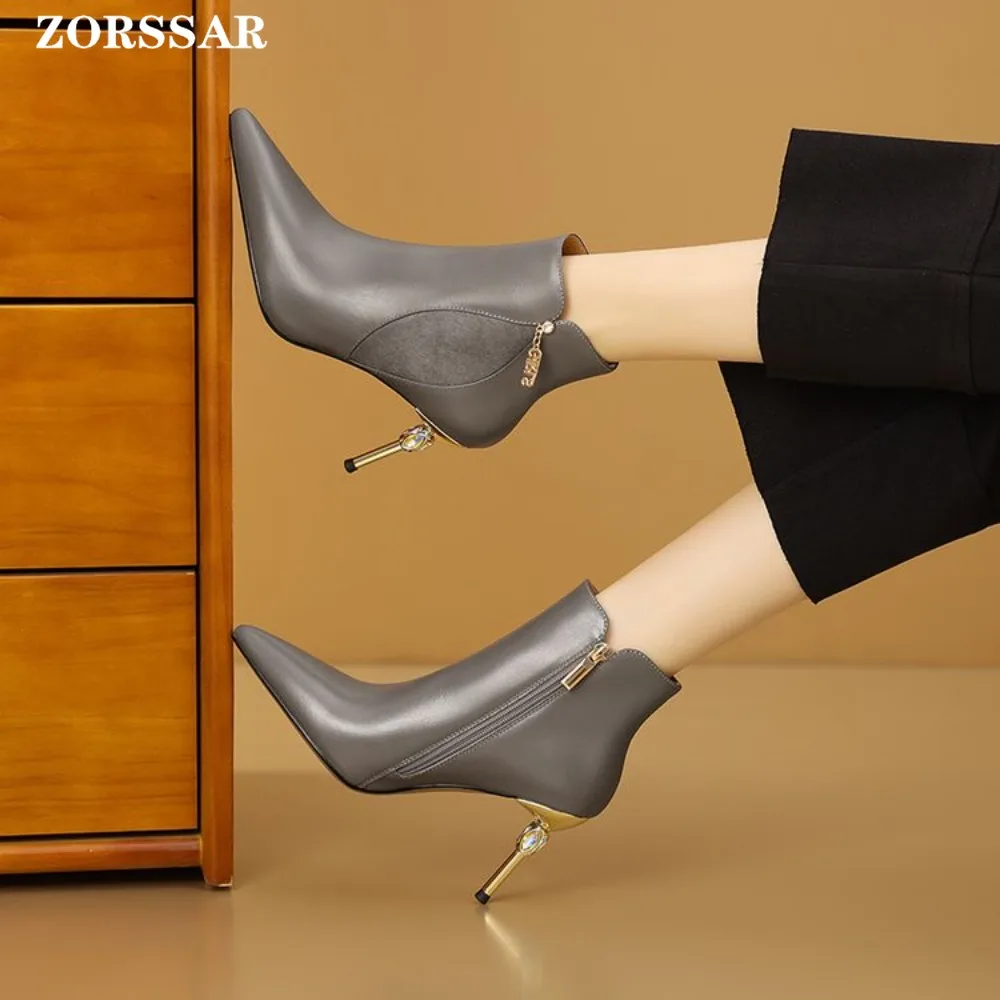 

Pointed Toe Women Ankle Boots Fashion Thin Heels Slimming Short Booties Autumn Winter Genuine Leather Female Shoes