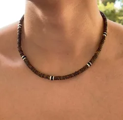 Men's Necklace Natural Coconut Pearls, Heishi Pearls in White Natural Shell and Black Wood  Beaded Surfer Necklace