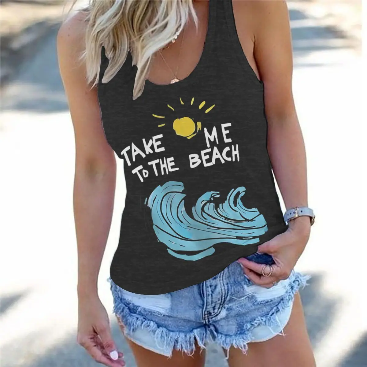 Women Vintage Hand Drawn Ocean Graphic Racerback Tank Top Summer Vacation Take Me To The Beach Sleeveless Basic-Fit Vest