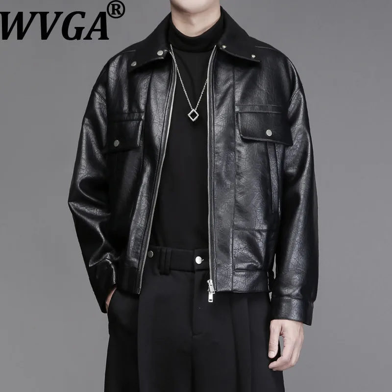 

WVGA весенне-осенние новые мужские куртки из искусственной кожи с карманами в стиле ретро и длинными рукавами, нишевые шикарные повседневные пальто с отложным воротником, Ins W15594