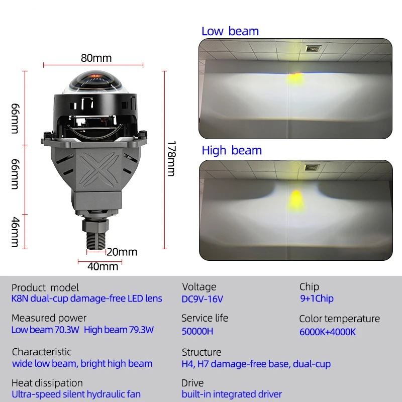 3.0-inch Dual LED Projector Lens 6000K 4000K Suitable for H4 H7 9005 9006 High and Low Light Car Headlight Universal Kit Modific