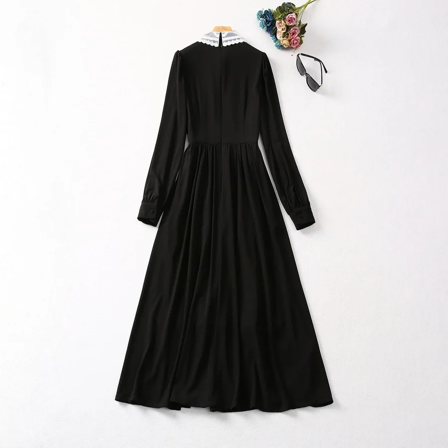 Autumn Women Dress Beaded turn-down collar Rose Embroidery Hot drilling Black Slim Package hip Elegant Long Dresses