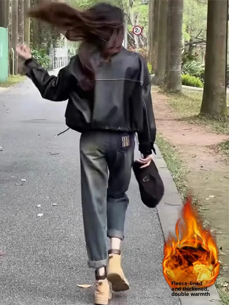 

plus Size Thiened Fce Winter High Waist Skinny Jeans Women's Harajuku Sle Dad Jeans Cuffed Ankle Length Denim Trousers