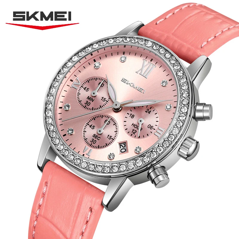 SKMEI 9384 Fashion Women Quartz Watch Multifunction Chronograph Calendar Leather Strap Elegant Business Watches for Woman