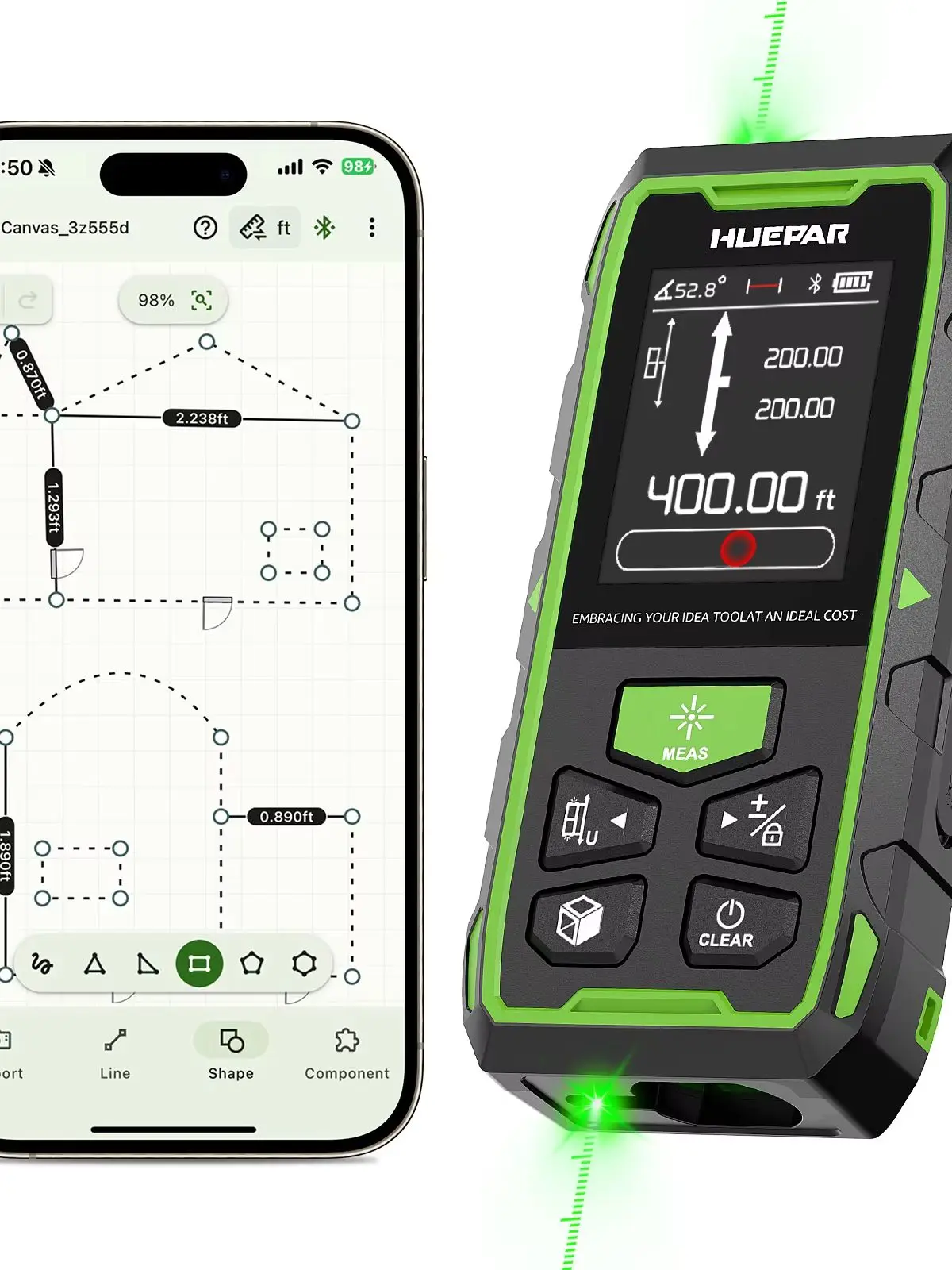 Huepar Grüner Laser-Entfernungsmesser 120M/200M Messwerkzeug mit Bluetooth, Fernbedienungs-App, Hochpräziser Laser-Entfernungsmesser BLM-60G-BT