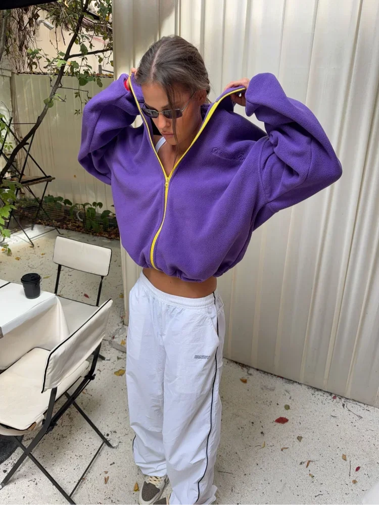 Womens Purple Fleece Jacket Stand Collar Contrast Zip Loose Fit Pockets Coat Fall Winter Sporty Outdoor Streetwear Trendy Wear