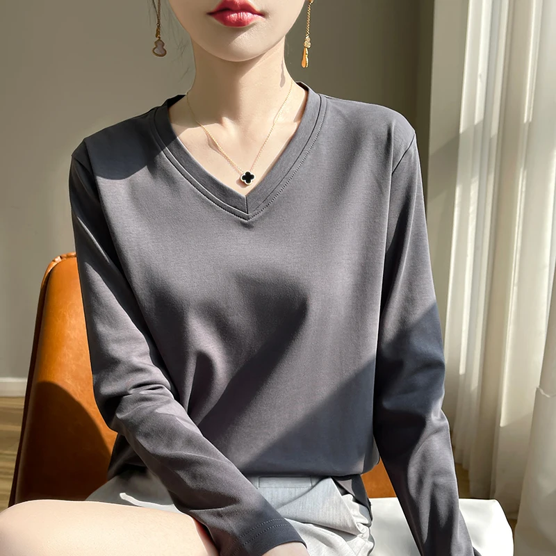

Spring And Summer Woman 100% Pure Cotton Temperament Joker T-shirt Loose V-neck Mercerized Cotton Bottoming Long-Sleeved Shirt
