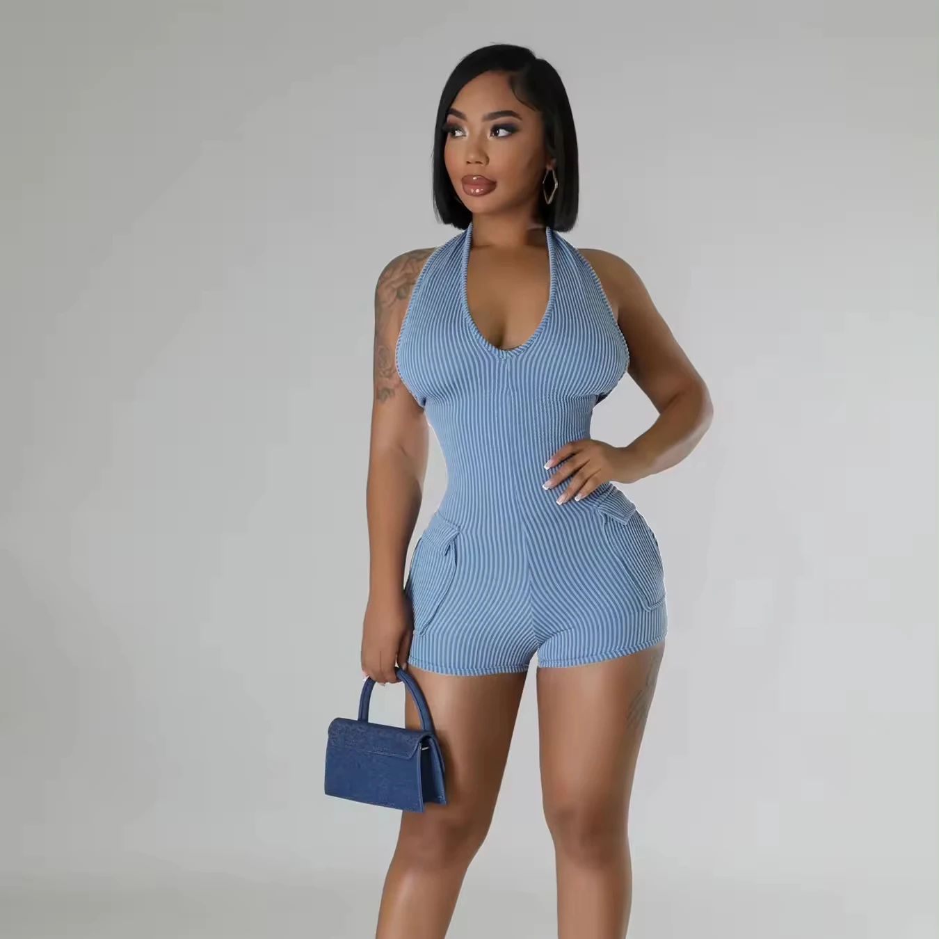 Summer wholesale V-neck backless knitted stretch plus size women's jumpsuit