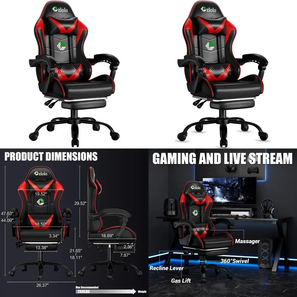 

Игровое кресло в гоночном стиле с массажем поясницы, металлическими ножками, высокой спинкой, откидное, поворотное, для видеоигр (красное)