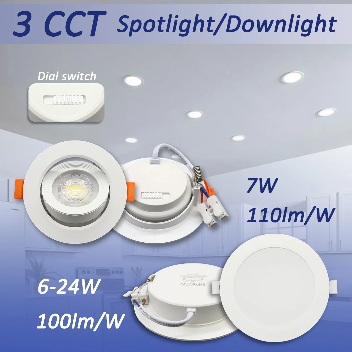 2pcs Recessed LED Spot Downlight Dial Swich CCT 3 Color Adjusted Ceiling Light AC 120V 220V 3000K 4000K 6500K Indoor Lighting