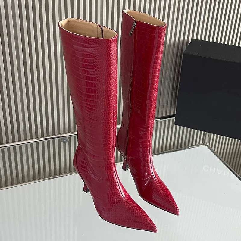 Fashion Zippers Ladies Long Boots With Heels Shoes Female Autumn Winter Pointed Toe Women Knee High Boots Footwear Big Size 43