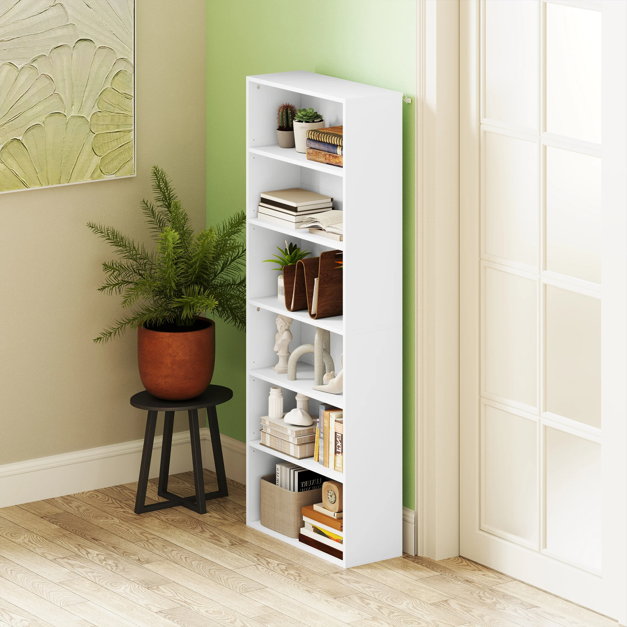 HOMCOM 6 Tier Bookshelf, Freestanding Bookcase with Adjustable Shelves, White