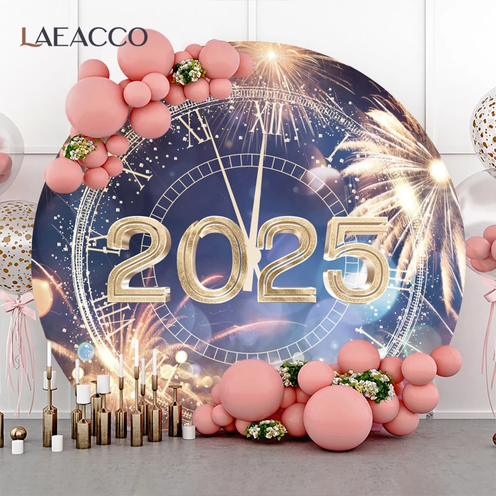 Happy New Year Round Background Cover Fireworks Champagne Clock Countdown 2025 Eve Family Party Celebrate Photography Backdrop