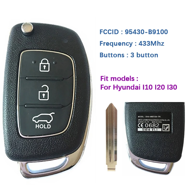 CN 020076   Oryginalny 4-przyciskowy pilot zdalnego sterowania do Hyundai I10 I20 I30 z 433Mhz CE0682 FCCID 95430-B9100 OKA-865T(IA-TP) bez chipa