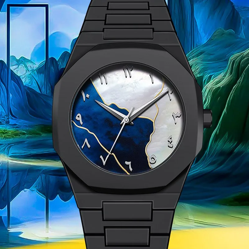 ساعة كوارتز كلاسيكية بأرقام عربية في الشرق الأوسط باللون الأزرق والذهبي للرجال كاجوال من مادة TPU البلاستيكية المقاومة للماء يمكن تخصيصها