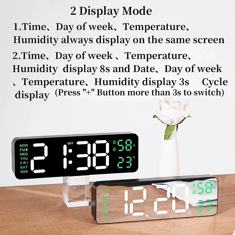 9-Zoll-große digitale Wanduhr, USB-betrieben, TEMP, Luftfeuchtigkeit, Woche, automatischer Dimmer, DST-Tischuhr, 12/24 Stunden, elektronischer LED-Wecker – Detail 6