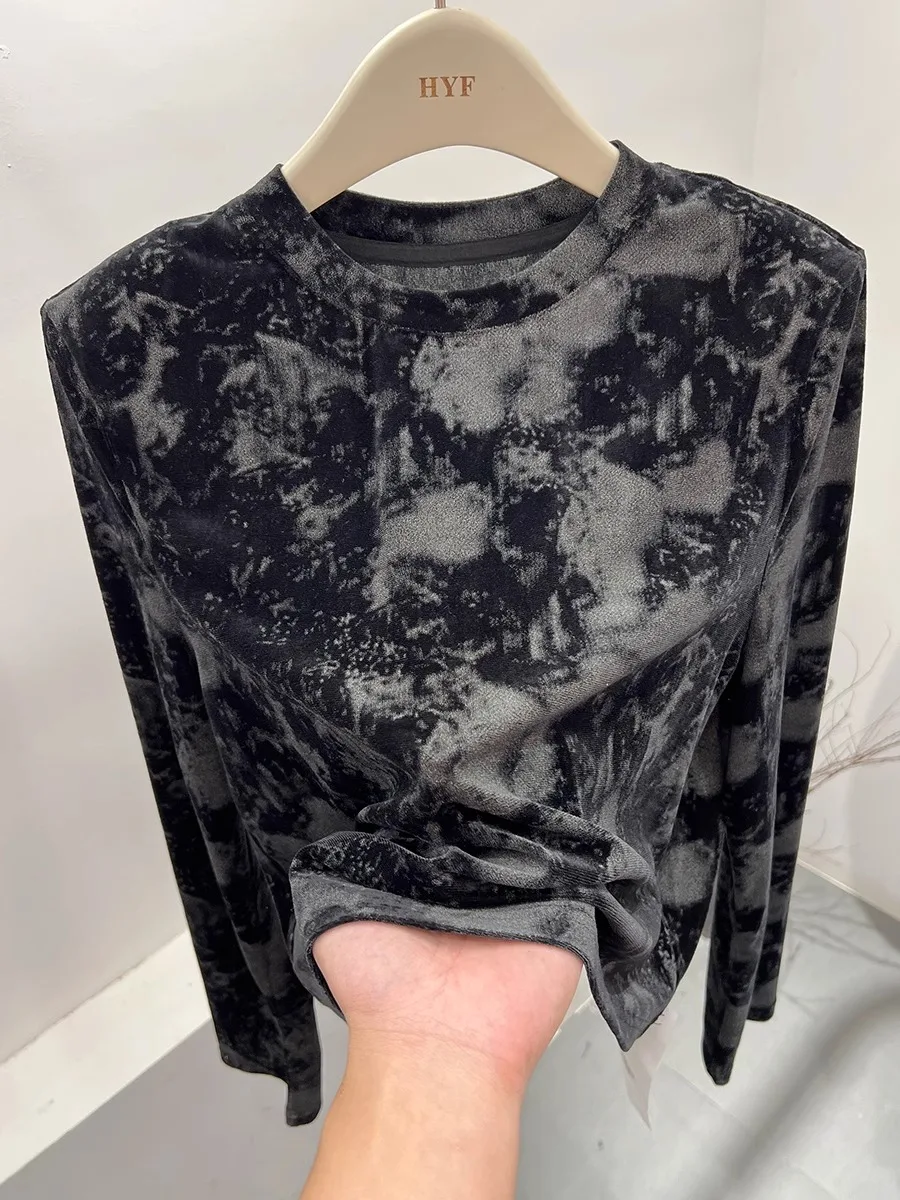 

Soft Velvet Long Sleeve T-Shirt Women's Shoulder Pad American Retro Short Style Autumn New Inner Wear Base Shirt Top